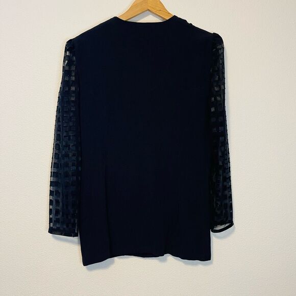 Vintage Perceptions Black Mesh Sleeve Satin Trim Longline Blazer Size 16 - Picture 2 of 8